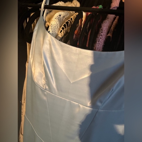 Up and Down Blue Satin Midi Dress Side Slit - Picture 2 of 6